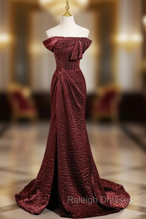 Burgundy Mermaid Off the Shoulder Pleats Prom Dress Main image