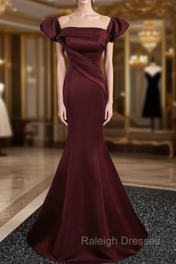 Burgundy Mermaid Off the Shoulder Pleats Prom Dresses
