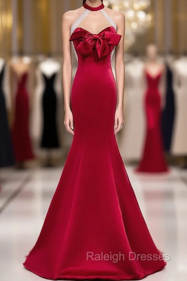 Burgundy Mermaid Satin Halter Backless Beading Prom Dress