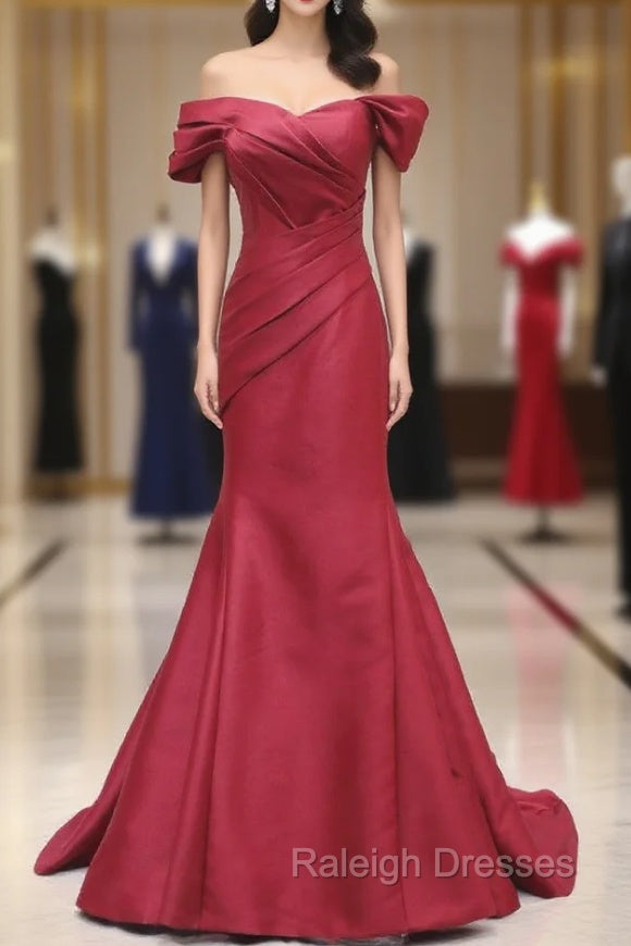 Burgundy Mermaid Satin Off the Shoulder Pleats Prom Dress Main image