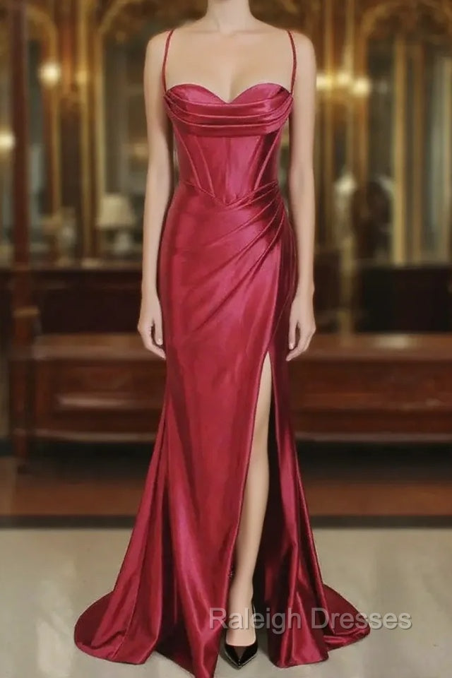 Burgundy Mermaid Satin Pleats Prom Dress