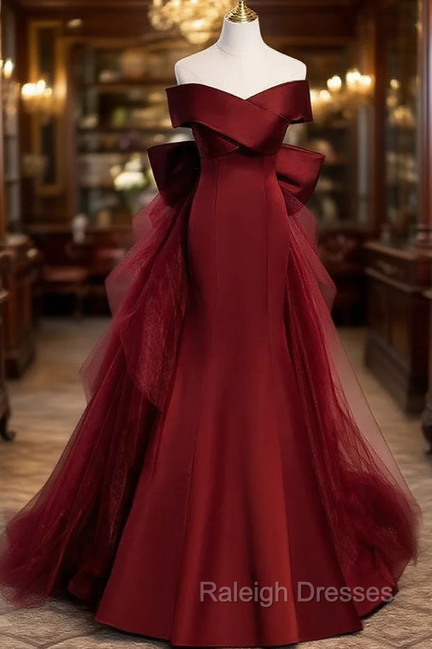 Burgundy Mermaid Satin Tulle Off the Shoulder Prom Dress Main image