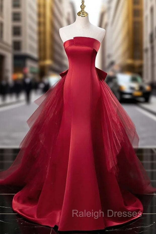 Burgundy Mermaid Satin Tulle Prom Dress Main image