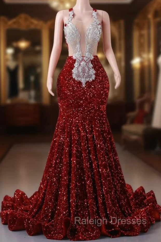 Burgundy Mermaid Sequins Appliques Backless Prom Dress