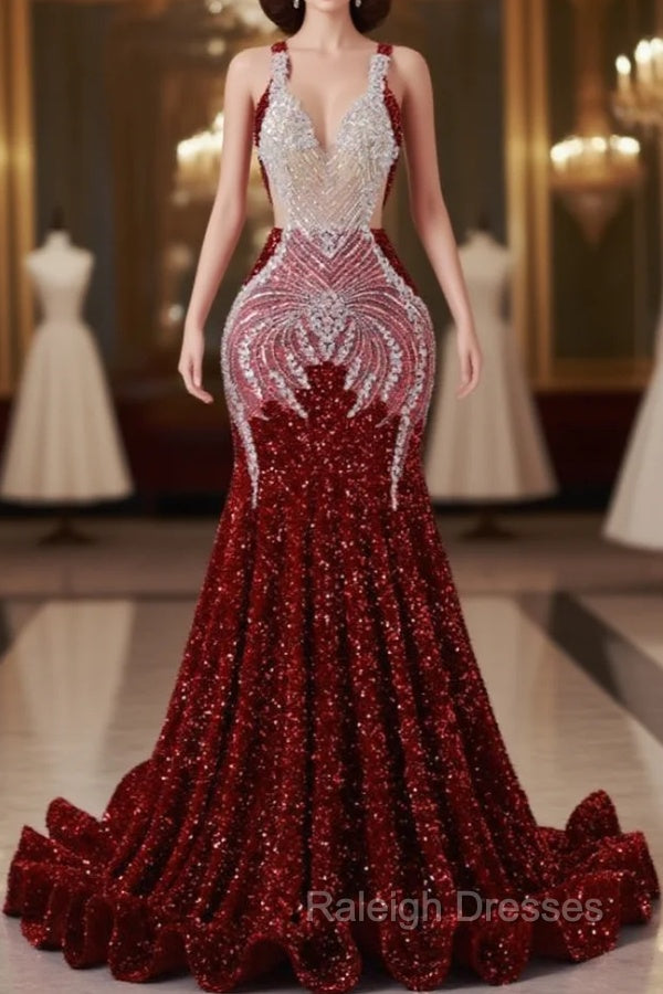 Burgundy Mermaid Sequins Backless Prom Dress