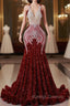Burgundy Mermaid Sequins Backless Prom Dress