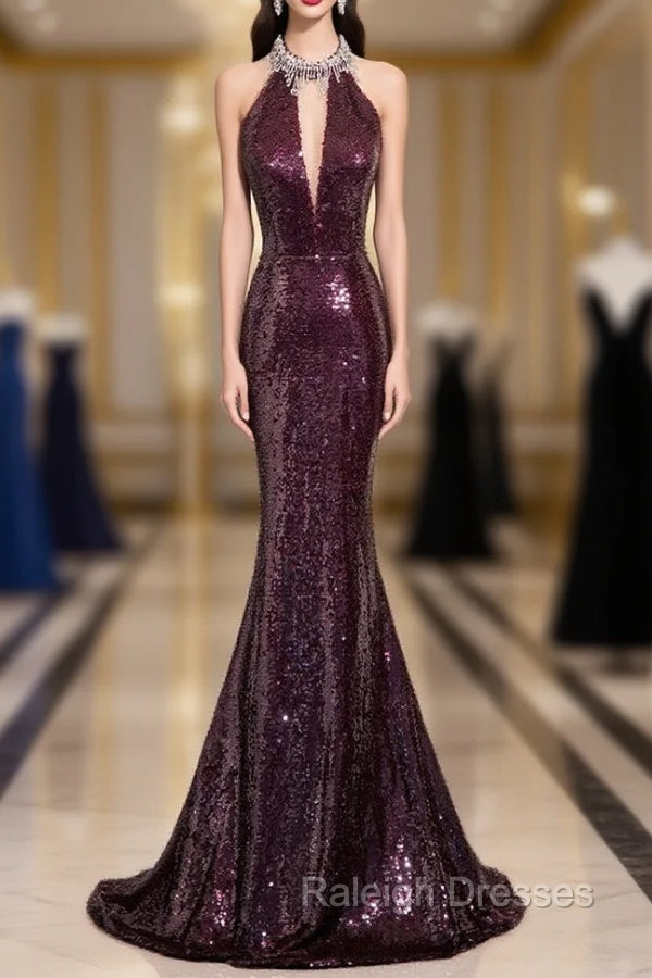 Burgundy Mermaid Sequins Beading Backless Prom Dress