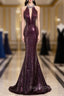 Burgundy Mermaid Sequins Beading Backless Prom Dress