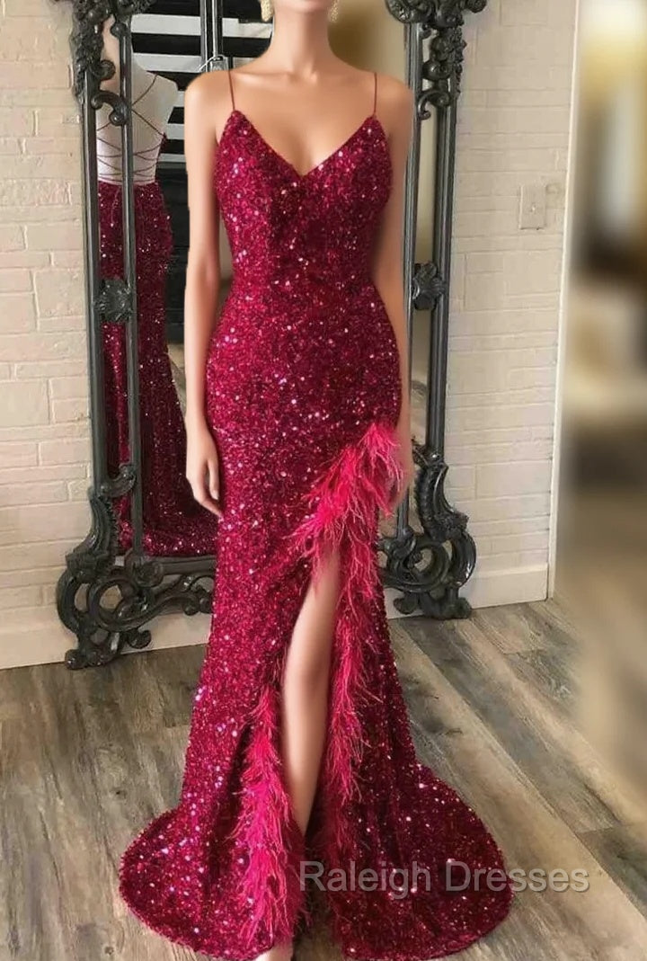 Burgundy Mermaid Sequins Feather Split Prom Dress Main image