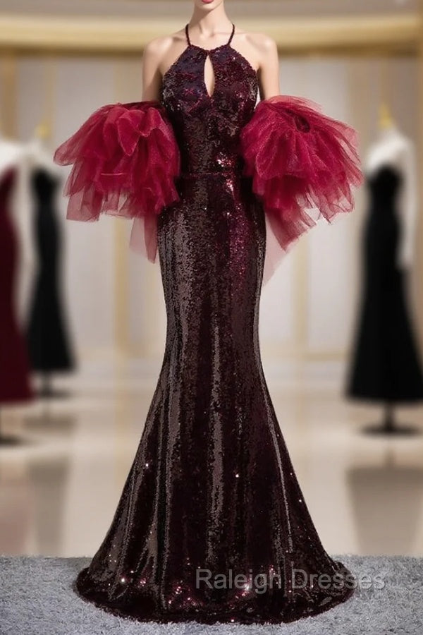 Burgundy Mermaid Sequins Halter Cut Out Prom Dress
