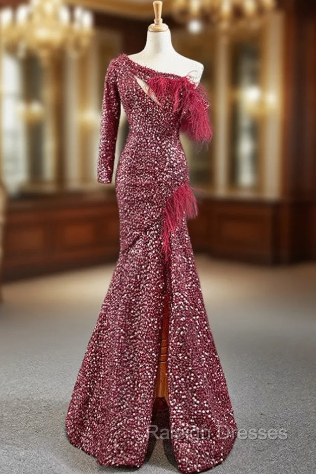 Burgundy Mermaid Sequins One Shoulder Long Sleeve Prom Dress