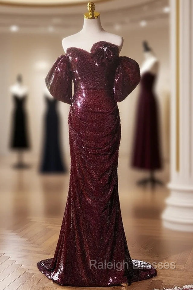 Burgundy Mermaid Sequins Pleats Prom Dress Main image