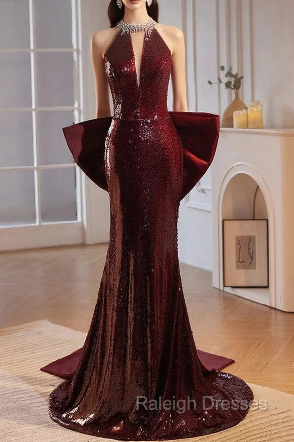 Burgundy mermaid Sequins Satin Bow Prom Dress Main image