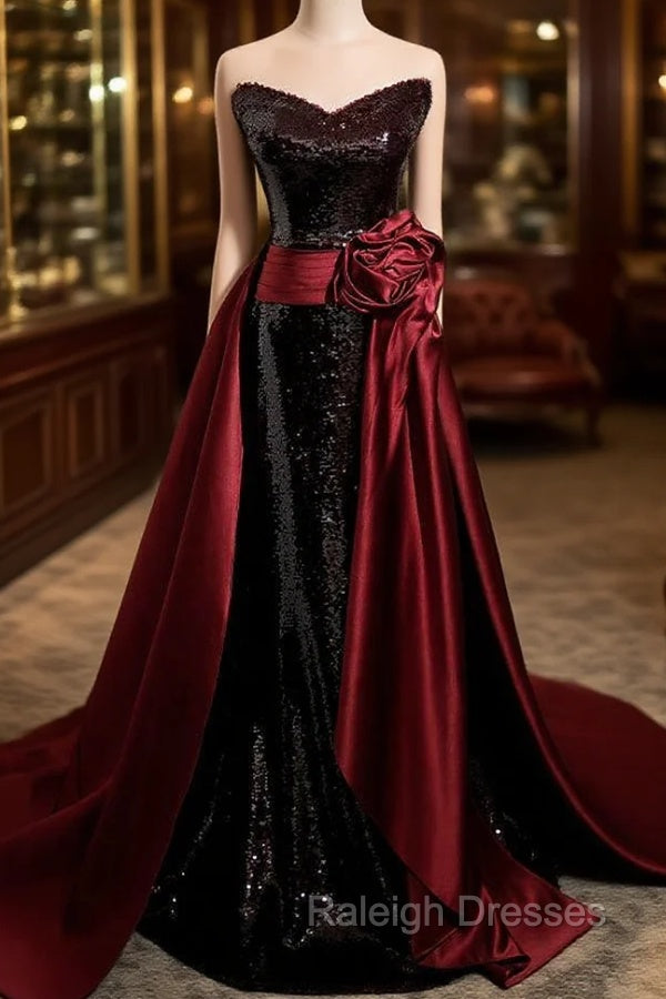 Burgundy Mermaid Sequins Satin Prom Dress