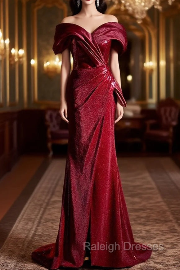 Burgundy Mermaid Sequins Spaghetti Straps Pleats Prom Dress Main image