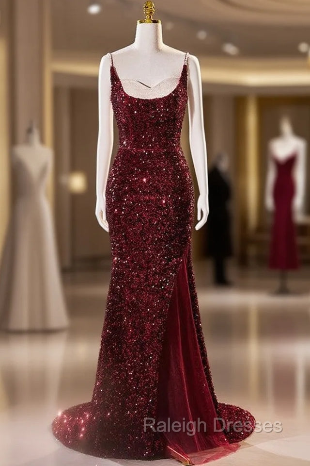 Burgundy Mermaid Sequins Spaghetti Straps Prom Dresses