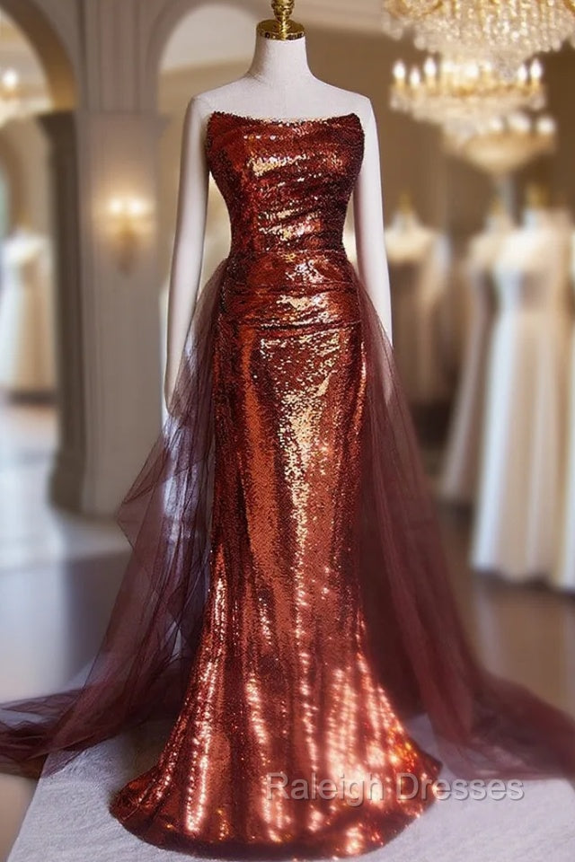 Burgundy Mermaid Sequins Strapless Pleats Prom Dress Main image