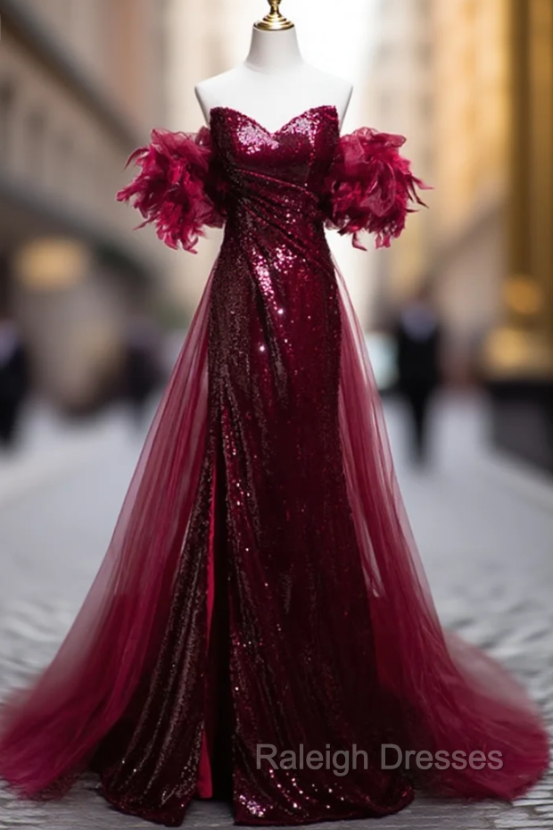 Burgundy Mermaid Sequins Strapless Prom Dress With Detachable Train Main image