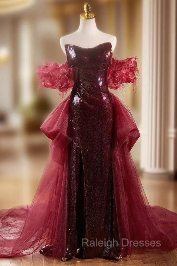 Burgundy Mermaid Sequins Strapless Prom Dress With Train