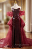 Burgundy Mermaid Sequins Strapless Prom Dress With Train