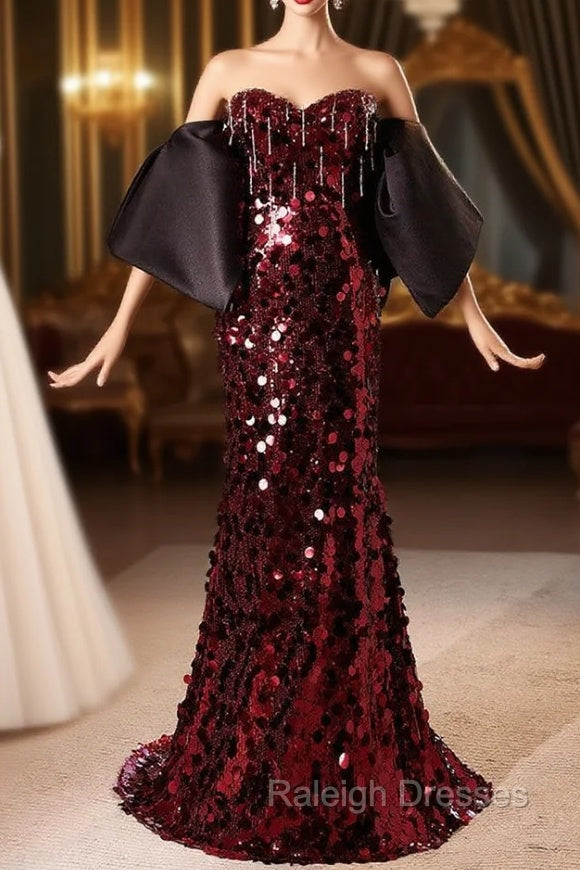 Burgundy Mermaid Sequins Strapless Prom Dress Main image