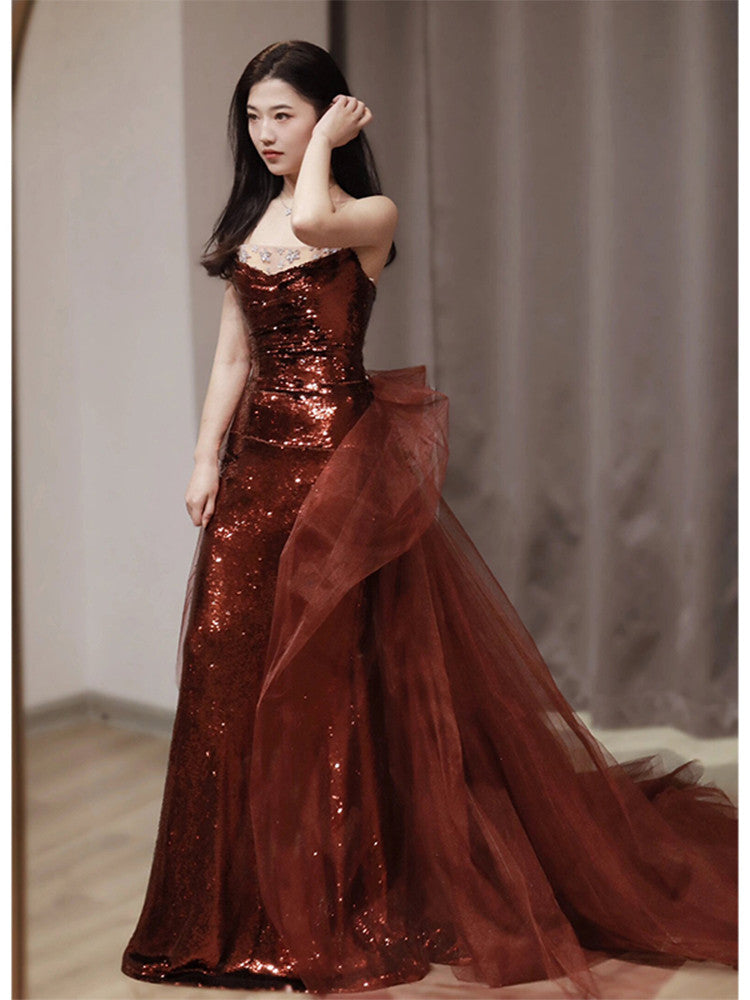 Burgundy Mermaid Sequins Tulle Strapless Formal Prom Dress Secondary image