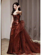 Burgundy Mermaid Sequins Tulle Strapless Formal Prom Dress