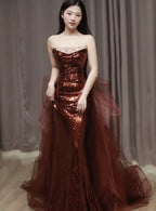 Burgundy Mermaid Sequins Tulle Strapless Formal Prom Dress