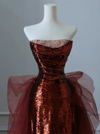 Burgundy Mermaid Sequins Tulle Strapless Formal Prom Dress