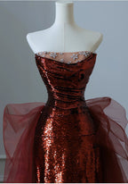 Burgundy Mermaid Sequins Tulle Strapless Formal Prom Dress