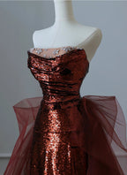 Burgundy Mermaid Sequins Tulle Strapless Formal Prom Dress