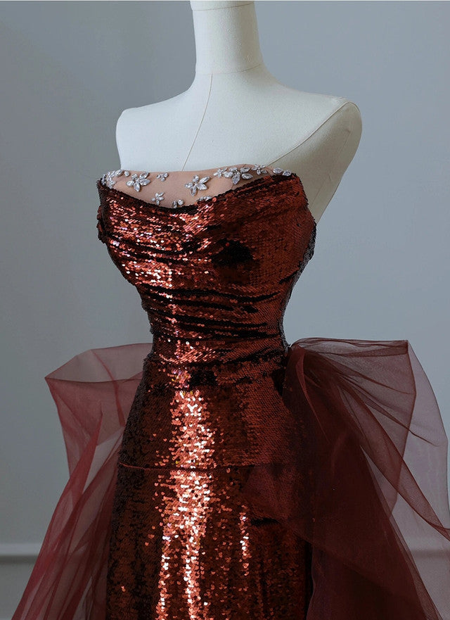 Burgundy Mermaid Sequins Tulle Strapless Formal Prom Dress