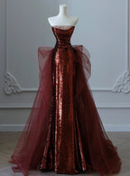 Burgundy Mermaid Sequins Tulle Strapless Formal Prom Dress