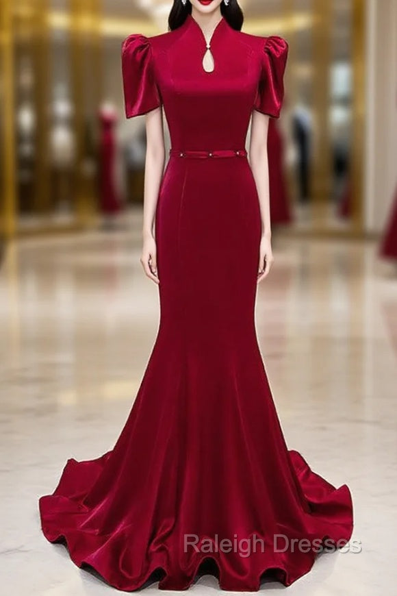 Burgundy Mermaid Short Sleeve High Neck Prom Dress Main image