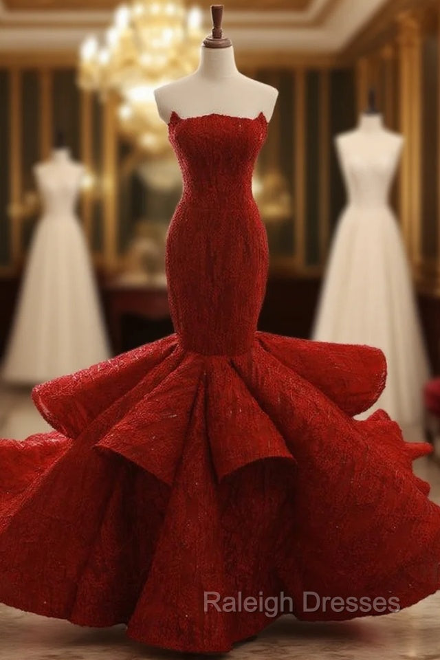 Burgundy Mermaid Strapless Sequins Backless Wedding Dress Main image