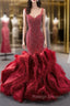 Burgundy Mermaid Straps Beading Feather Prom Dress