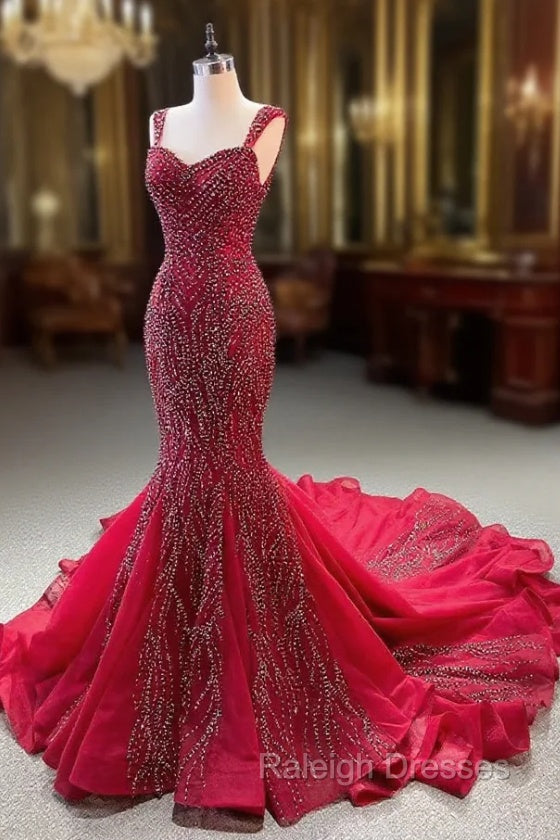 Burgundy Mermaid Straps Beading Prom Dress Main image