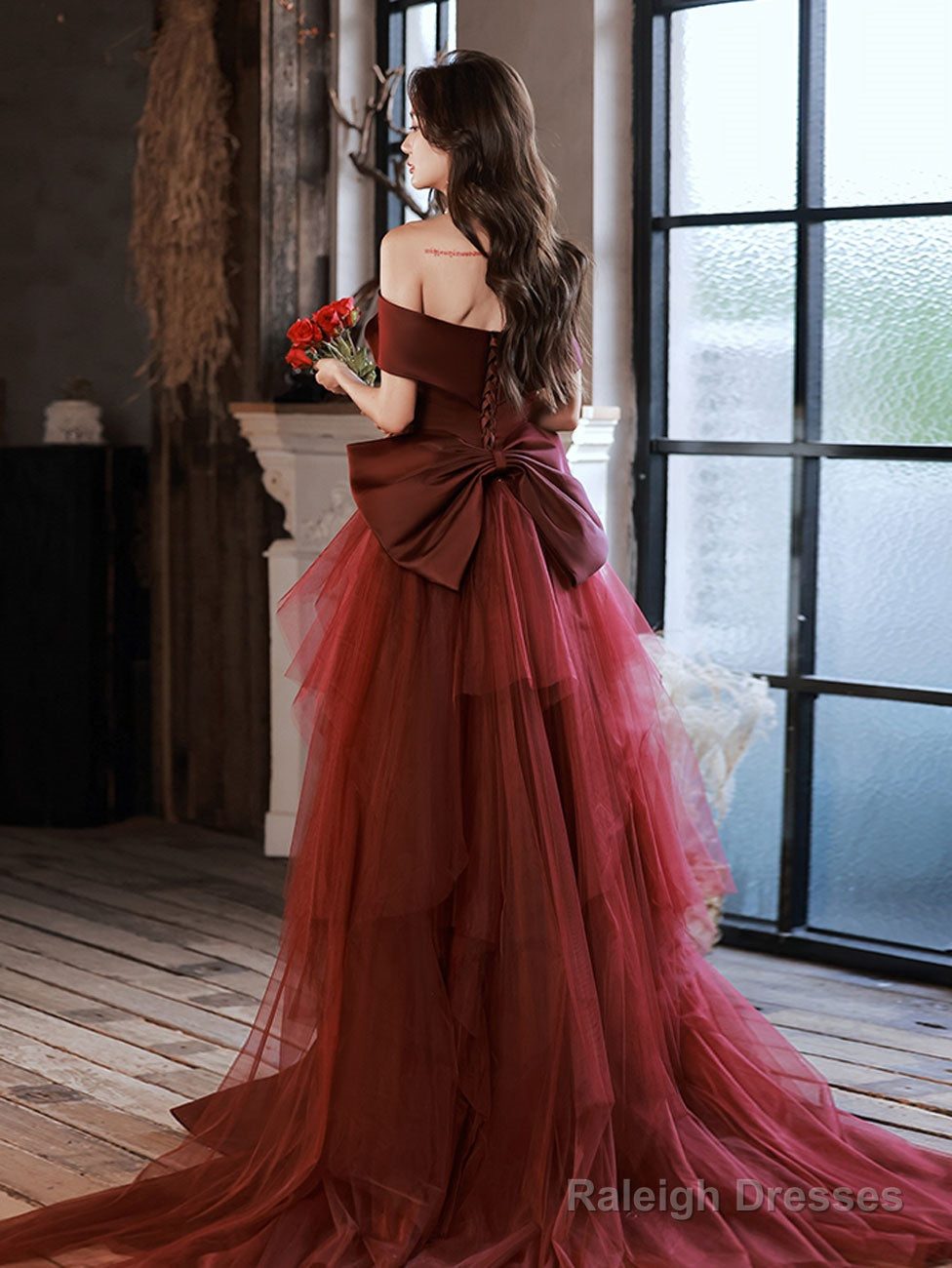 Burgundy Mermaid Sweep Train Long Prom Dresses Off Shoulder Satin Burgundy Prom Dresses Secondary image
