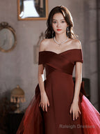 Burgundy Mermaid Sweep Train Long Prom Dresses Off Shoulder Satin Burgundy Prom Dresses
