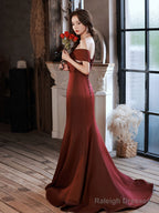Burgundy Mermaid Sweep Train Long Prom Dress, Off Shoulder Satin Burgundy Evening Dress