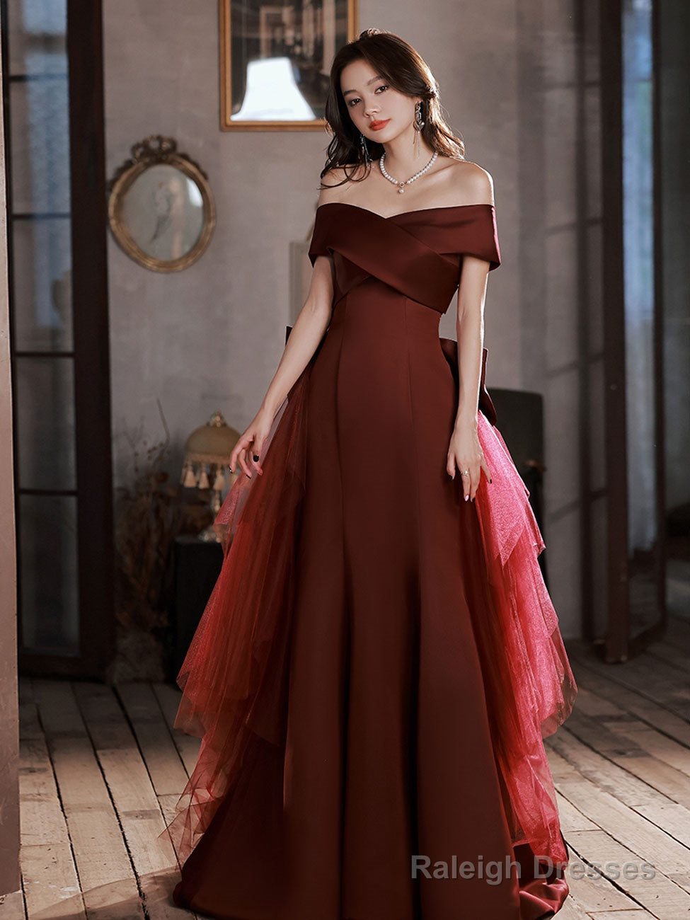 Burgundy Mermaid Sweep Train Long Prom Dress, Off Shoulder Satin Burgundy Evening Dress