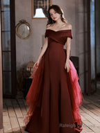 Burgundy Mermaid Sweep Train Long Prom Dresses Off Shoulder Satin Burgundy Prom Dresses