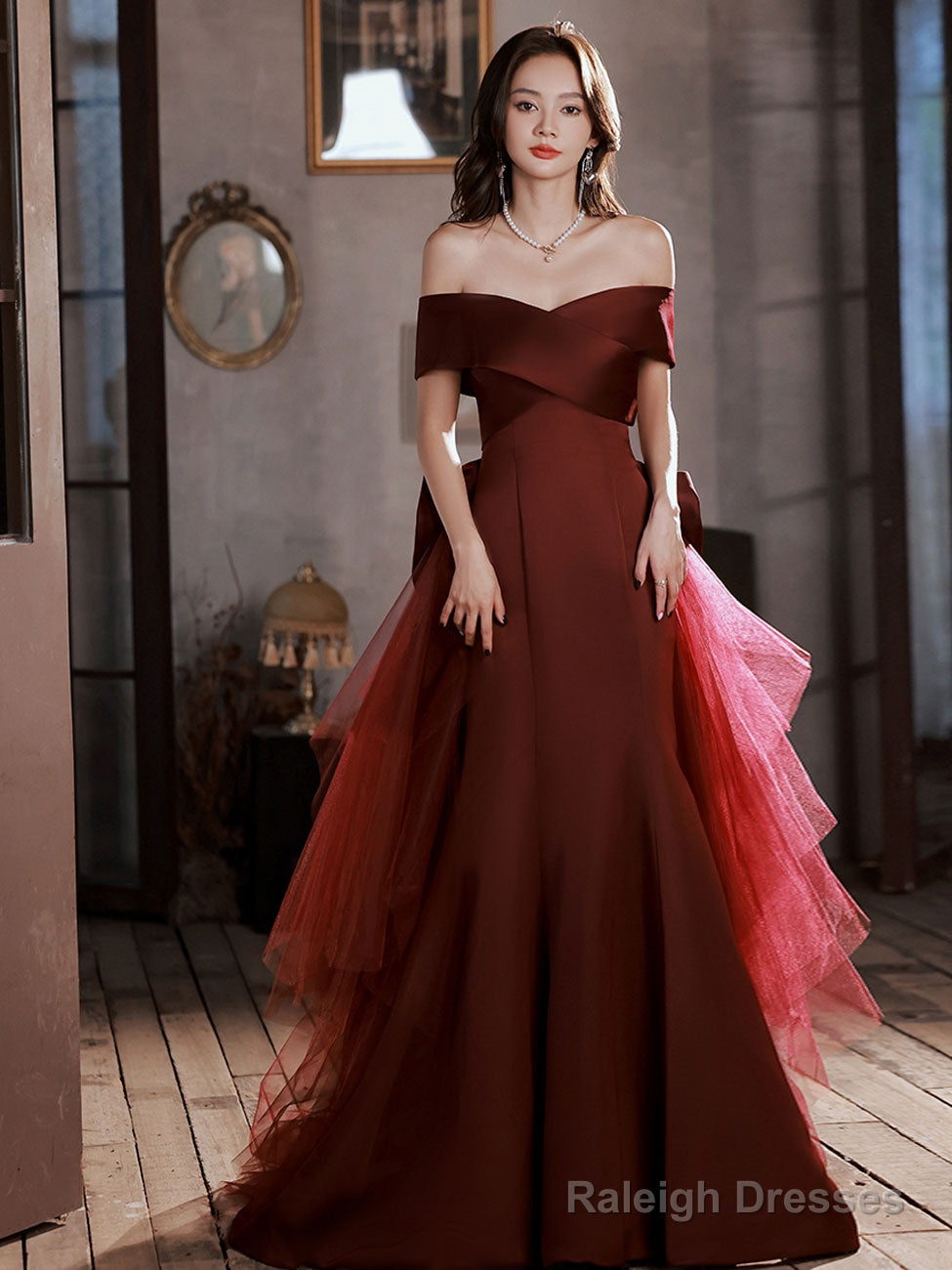 Burgundy Mermaid Sweep Train Long Prom Dress, Off Shoulder Satin Burgundy Evening Dress Main image
