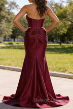 Burgundy Mermaid Sweetheart Corset Prom Dresses Long with Slit