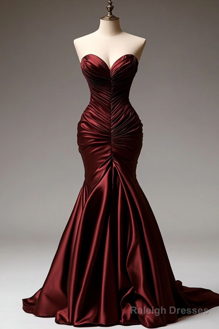 Burgundy Mermaid Sweetheart Satin Long Ball Gowns Fitted Prom Gowns