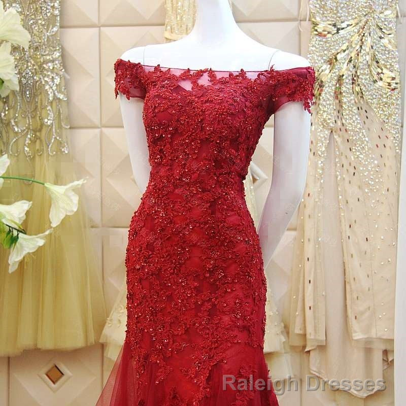 Burgundy Mermaid Tulle Evening Gown with Lace Applique, Off Shoulder Prom Dress Secondary image