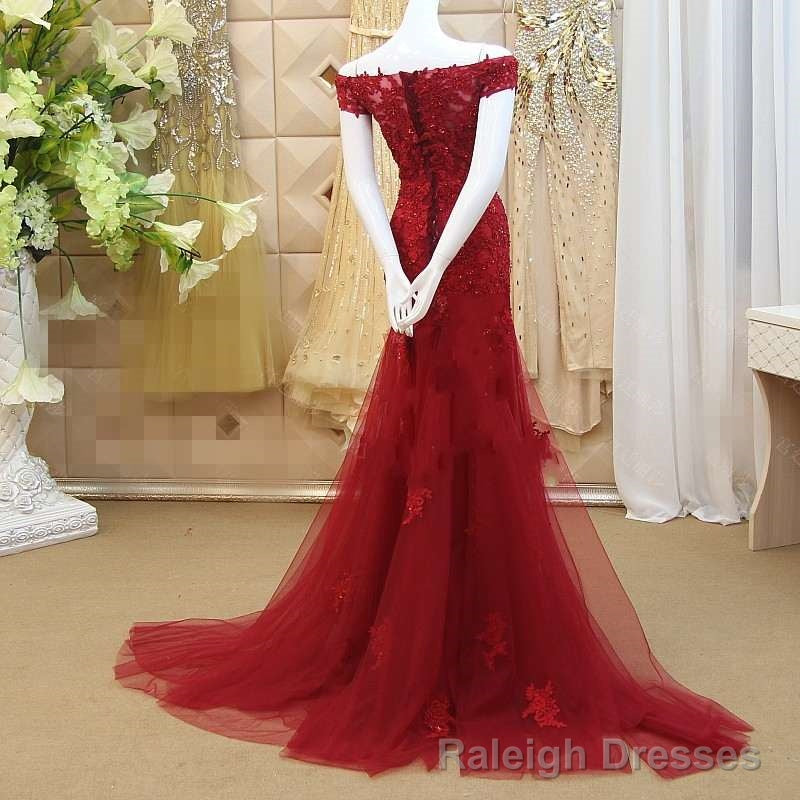 Burgundy Mermaid Tulle Evening Gown with Lace Applique, Off Shoulder Prom Dress Main image