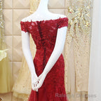 Burgundy Mermaid Tulle Prom Gowns with Lace Applique, Off Shoulder Prom Dress