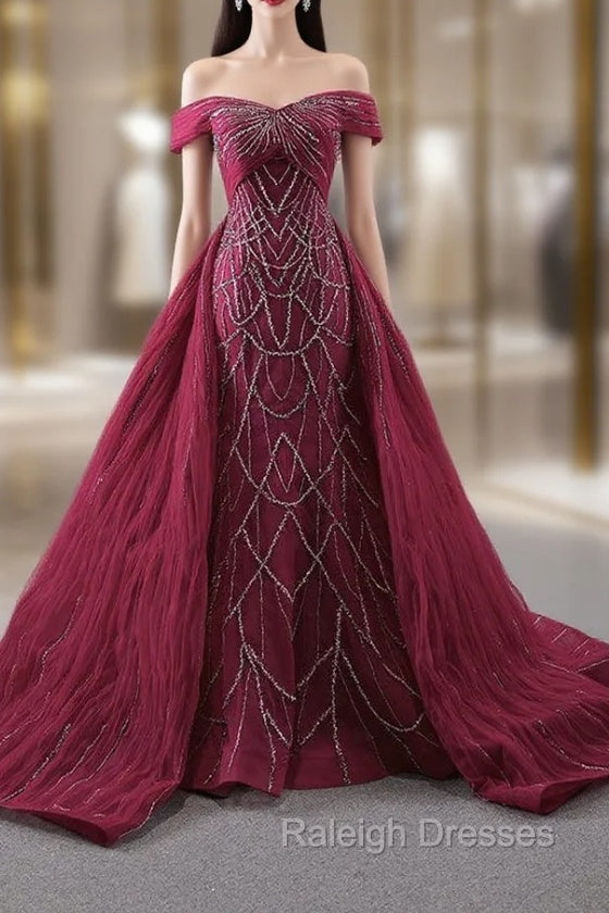 Burgundy Mermaid Tulle Off the Shoulder Pleats Prom Dress Main image