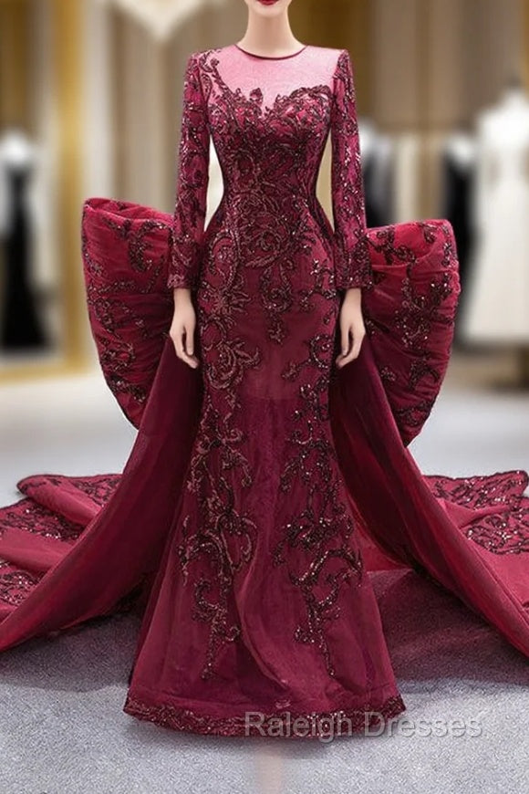Burgundy Mermaid Tulle Sequins Prom Dress With Detachable Train Main image